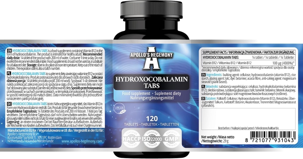 Hidroxocobalamină 100 μg per Serving - Vitamina B12-120 Tablete Vegane - 480 Serviri - Sprijină sistemul nervos și reduce oboseala - Supliment alimentar de Hegemonia lui Apollo