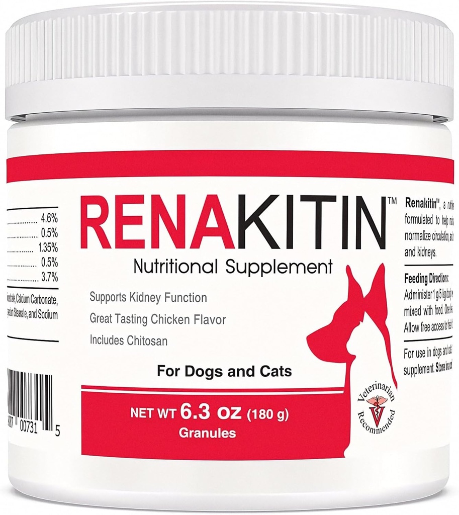 Renakitin Rinichi Suplimente pentru câini Pisici - Conține Chitosan & Carbonat de calciu, Suport Funcție optimă Rinichi, Aroma de pui de mare Tasting, 6.3 oz