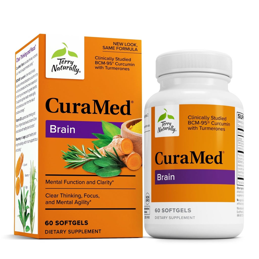 Terry Natural Creier Curamed - Supliment alimentar pentru a sprijini Clarity & Focus - Brain Health Supplement with Curcumin & Turmeric Essential Oil to Help Concentration - 60 Softgels