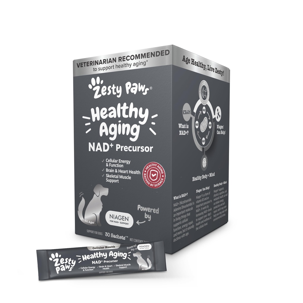 Zesty Paws NAD+ Precursor Supliment pentru câini - Niagen pentru imbatranire sanatoasa si sustinere musculara scheletala si recuperare - Brain, inima, si suport energetic Cellular - Nicotiniam Ribozide pana la 30 Sachete