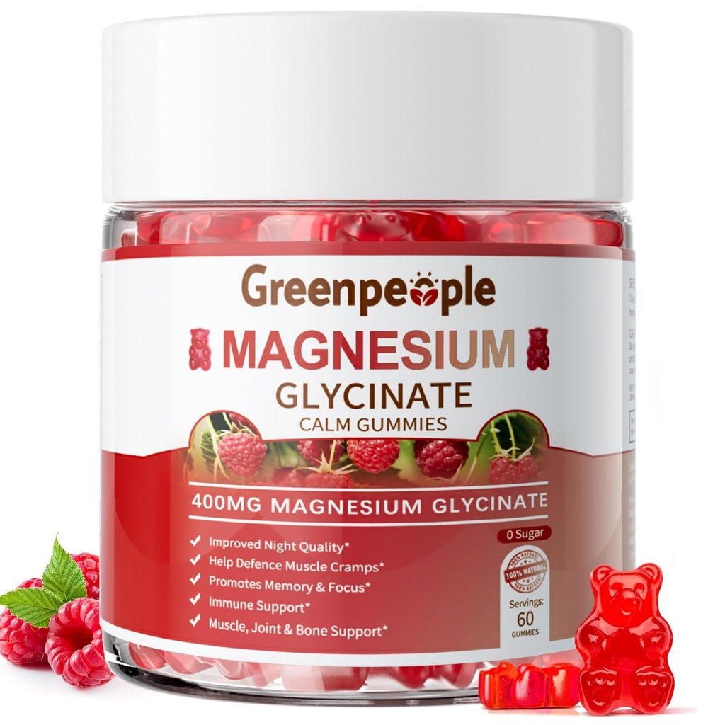 Glycinate de magneziu GLEENPEOPLE 400mg - Supliment de potasiu de magneziu fără zahăr cu malat de magneziu, vitamina D, B6 și CoQ10 pentru suport calm și somn pentru adulți - Zmeură gume