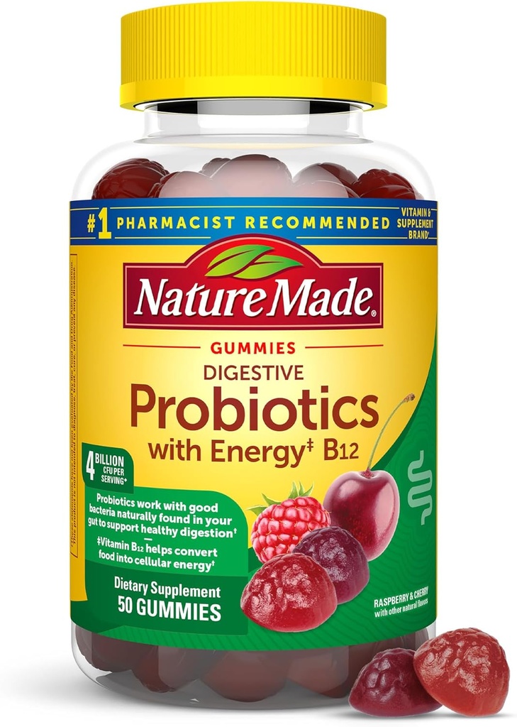 Natura a făcut probiotice digestive și energie B12 Gume, Probiotice pentru femei și bărbați, 50 Gume probiotice, 25 de zile de aprovizionare
