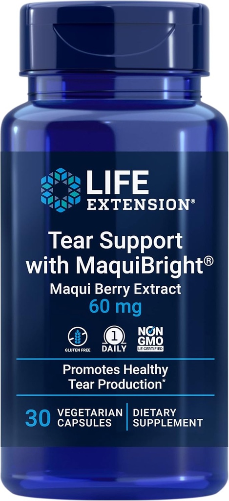 Life Extensie Tear Support cu MaquiBright®, 60 mg, Maqui Berry Extract pentru ochi uscaţi, susţine sănătatea ochilor, încurajează producţia de lacrimi, gluten-free, non-GMO, 1 zi, vegetarian, 30 capsule
