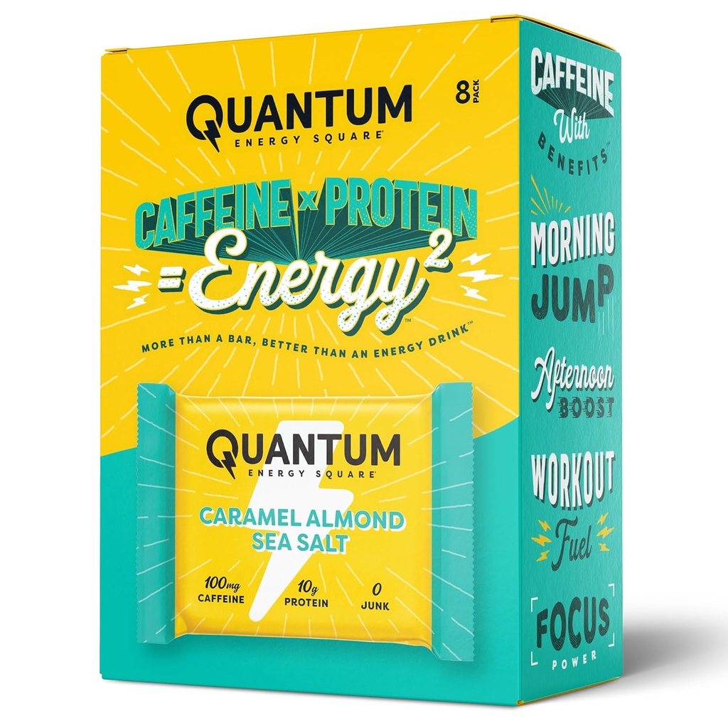 Quantum Energy Square: Energy Bar cu Cafeina & 10g Proteine. Delicious Healthy Snack On The Go. (Vegan, Gluten-free, Soy-free, Dairy-free) (Caramel Almond Sea Salt)