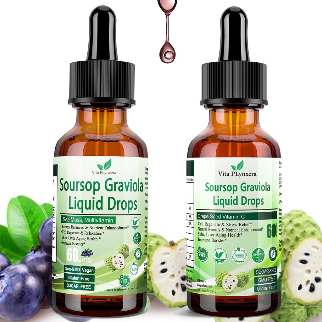 2 Pack Soursop Bitters lichid organic Soursop Extract de multivitamine drops w. Sea Moss, Seminte de struguri, Elderberry, Ulei nerafinat Soursop pentru piele, Boost imunitar, Digestion Aid