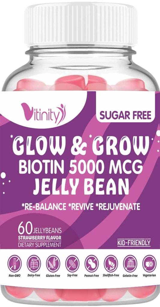 VITINITY Biotin 5000 Mcg Extra Putere Vegetarian (Vitamina B) Sugar-Free Supliment-Suports Hair & Skin - Femei si barbati 60 Veggie Sugar-Free Jelly Beans (30 Day Supply)