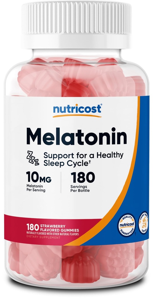 Nutricost Melatonina 10mg, 180 gume, aromă de căpșuni - Gluten gratuit, non-GMO, fără sirop de porumb
