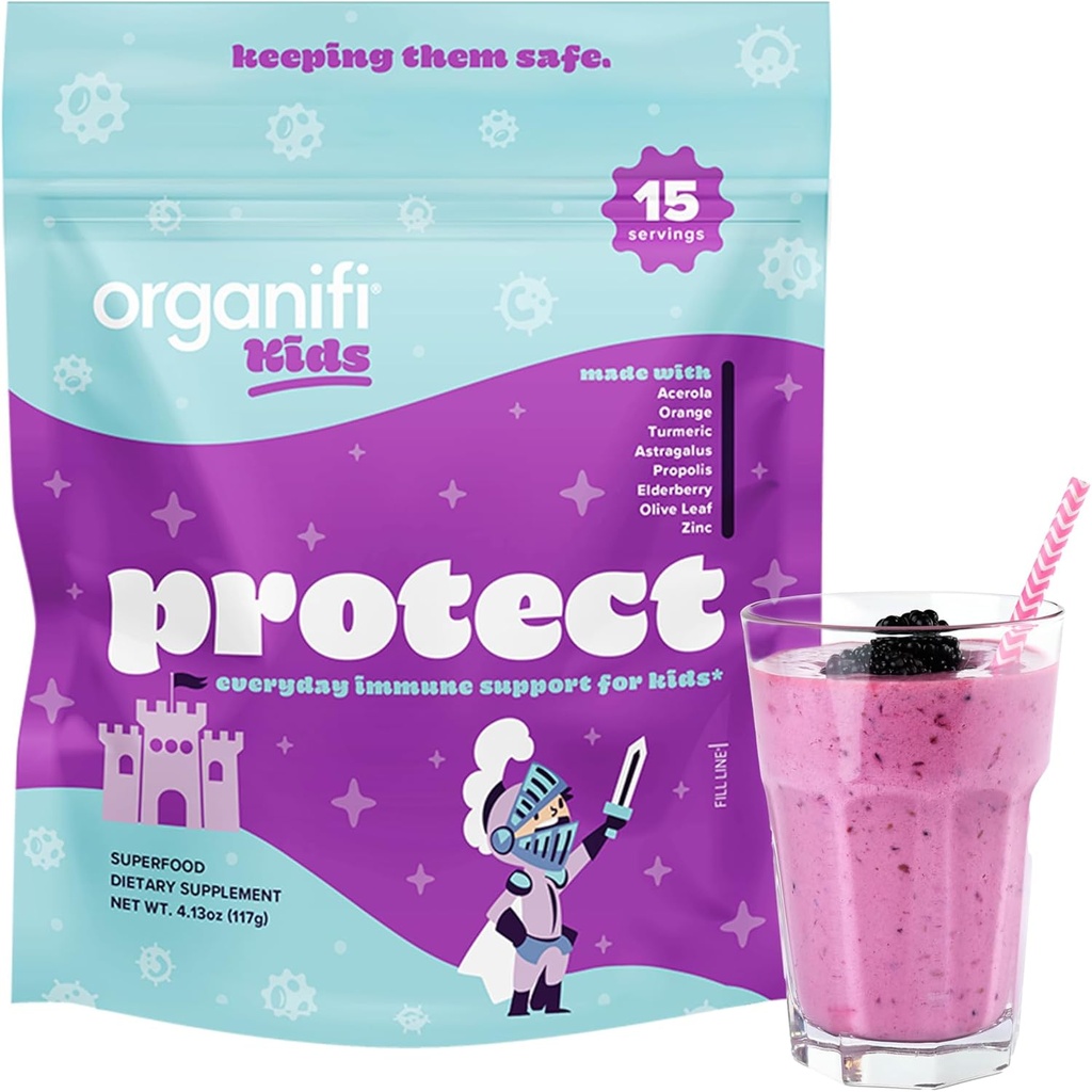 Organifi Copii: Protejați - Suport imun zilnic pentru copii cu boabe de soc, Acerola Cherry și Zinc - Berry Aroma praf de imunitate - Bazat pe plante, Vegan, și fără gluten, lactate sau soia - 15 Serviri