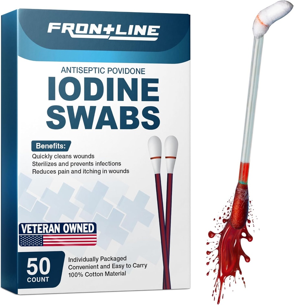 FrontLine Povideo Iodine Swabs, Antiseptic Swabsticks, Soluție de iod, Curățarea Cotton Swab, Provizii medicale individuale înfășurate, Îngrijirea Rănilor, Primul Ajutor, Curățator Răni, Cutie de 50