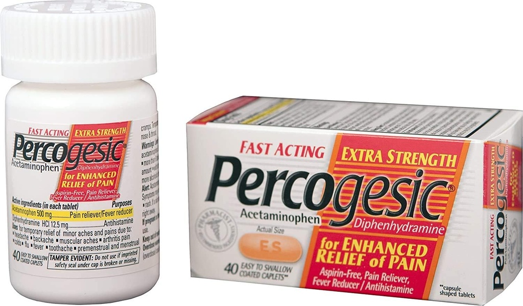 Percogesic Aspirină Free Pain Relief Tablets, Extra Force, Acetaminofen şi Difenhidramină, 40 ct (Pachet de 1)