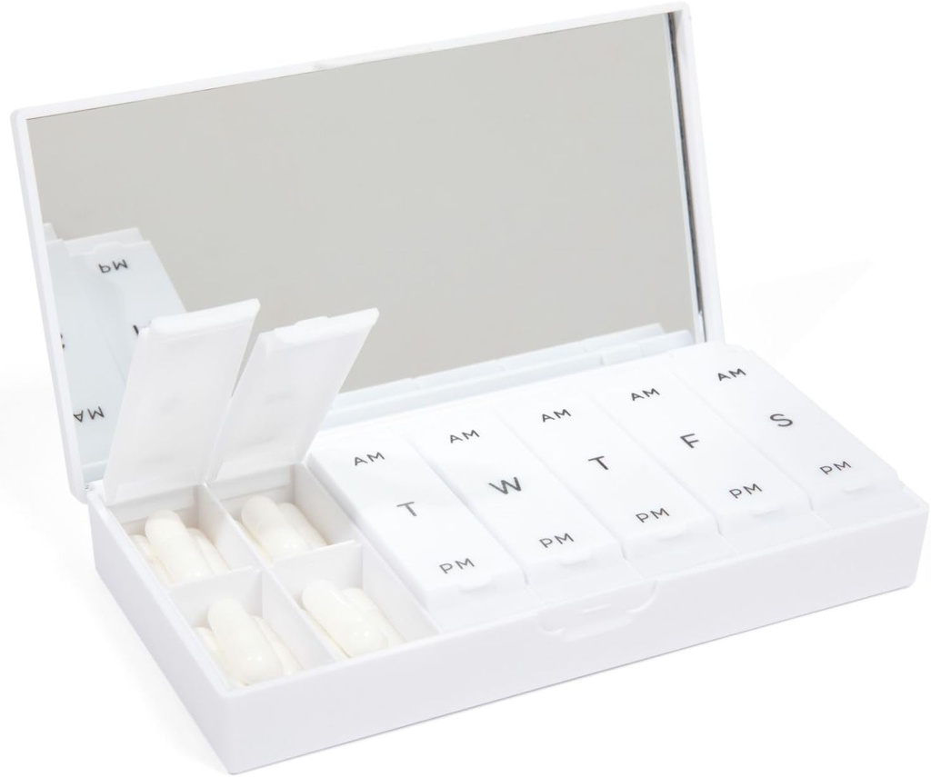 PORT X POLISH Designer Weekly Pill Box Organizator (AM/PM 2X Daily, Crisp White) 