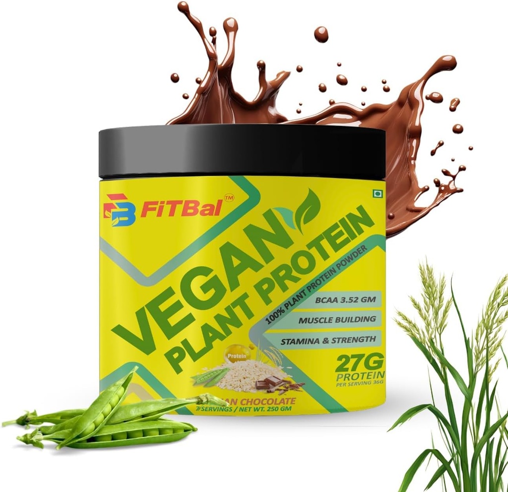 Pea de proteine vegetale din Vegan, Proteină de orez maro 250 grame (7 serviri) Cantitate-36 G 27 G Proteină per servire, Glutamina -4.35 gm BCAA-3.53GM