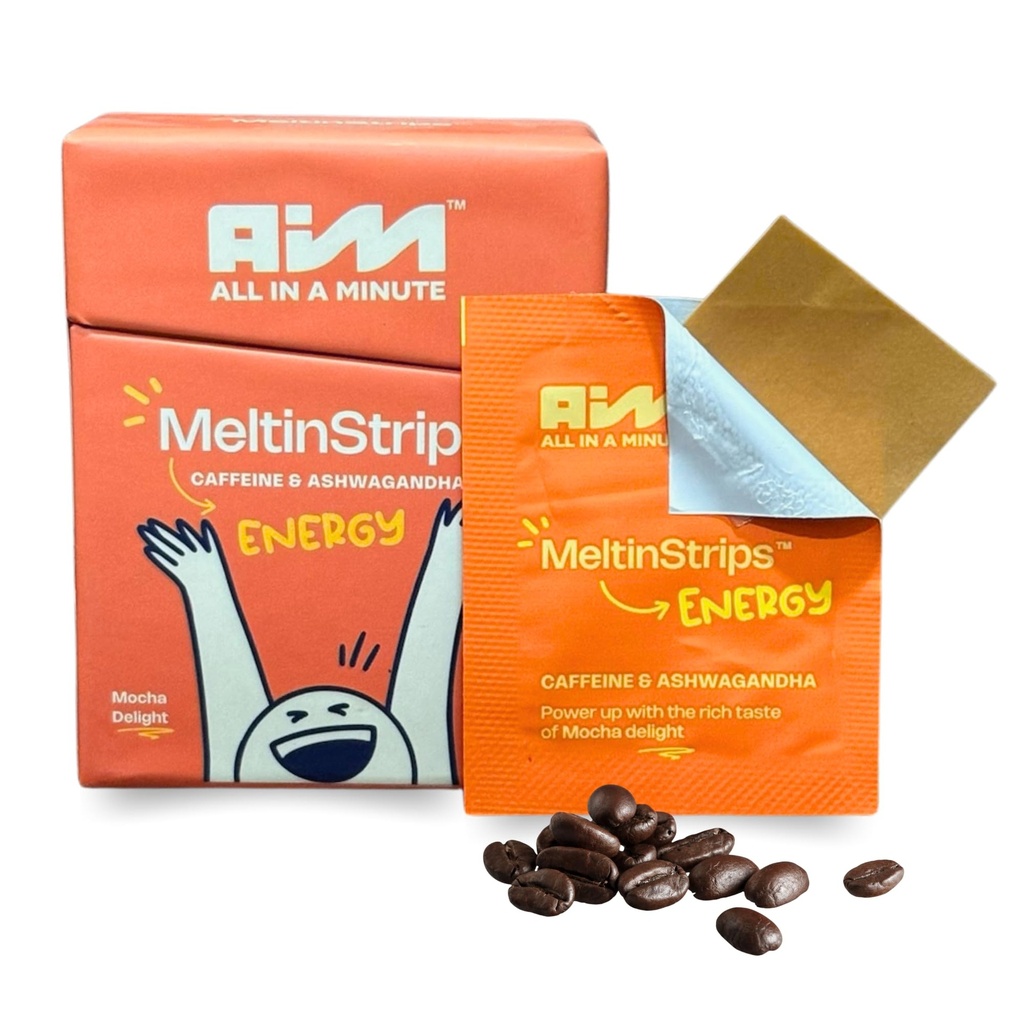 MeltinStripsTM Benzi de energie cu 40mg Cafeina, 20mg Ashwagandha & Vitamina B12 