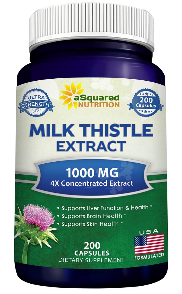 aSquared Nutrition Milk Thistle Supliment 1000mg-200 Capsule,Max Concentrat 4X Extract concentrat 4:1 Milk Thistle Seed Powder Herb Pills, 1000 mg Silymarin Extract pentru suport hepatic, Cleanse, Detox