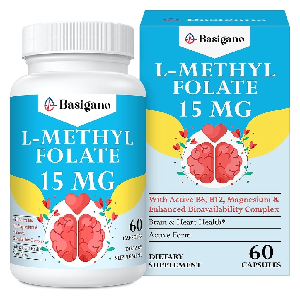 15mg L Methylfolat (5-MTHF) - Acid folic activ îmbogăţit cu vitamine B6 şi B12-60 Capsule vegetariene - non-GMO, gluten-liber