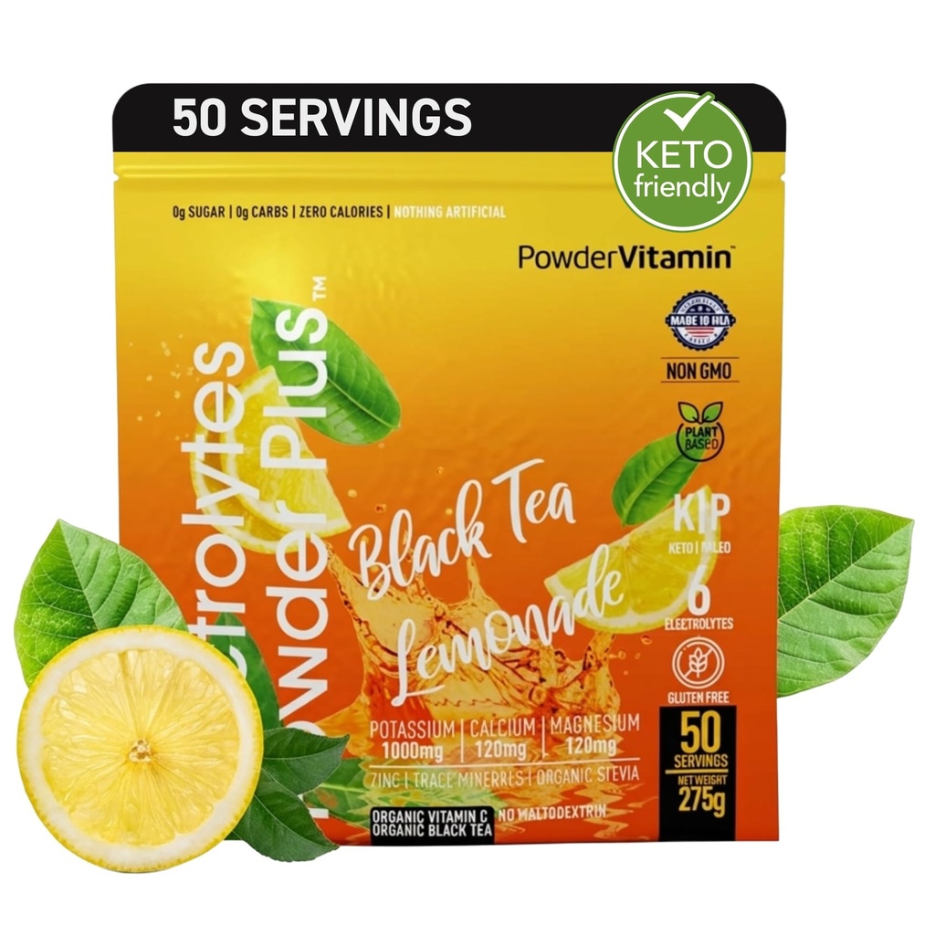 Electroliti pulbere Plus (50 Servings) Ceai negru Limonadă Electrolit Pulbere Zero Calorie Keto,0 Zahăr, Nu Maltodextrin,1000mg Potasiu,120mg Calciu,120mg Magneziu, Pulbere de hidratare