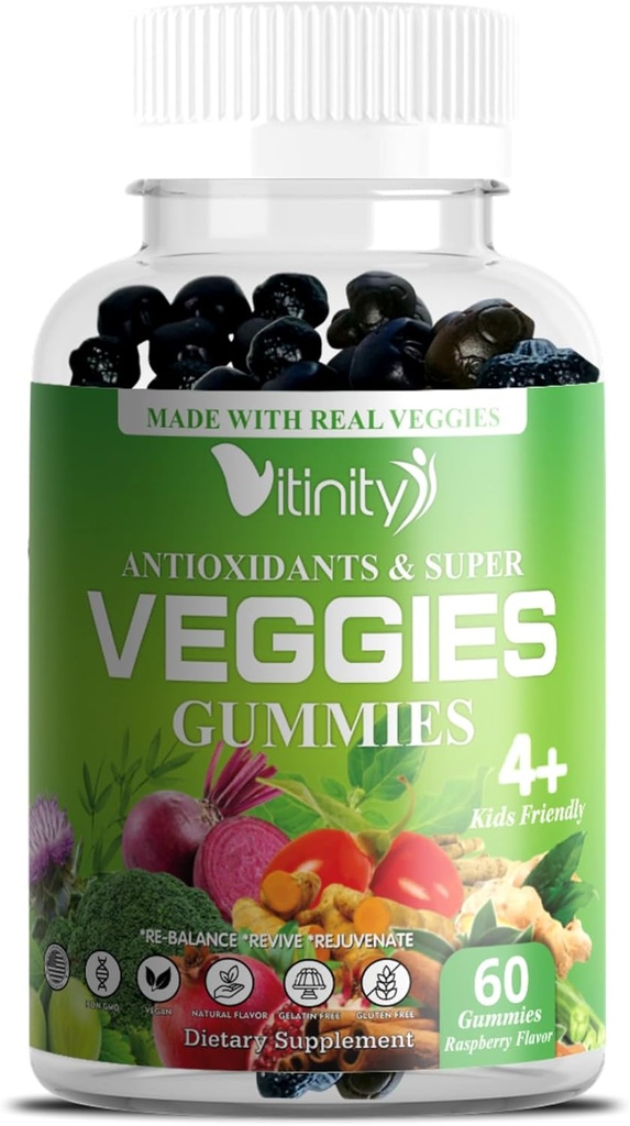 VITINITY Made with Real Super Veggies Delicious Gummy Supplement,Men,Women & Kids (60 Chews),30 Veggies,Herbs,Fruit and Legal Vitamins,Non-GMO,Pectin-Based,Gluten-Free,Fara pastile (30 Day Supply)