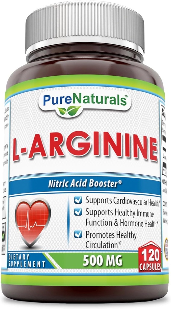 Pure Naturales L-Arginină 500 Mg Capsule, Susţine sănătatea cardiovasculară, Susţine funcţia imună sănătoasă şi sănătatea hormonală, promovează circulaţia sănătoasă (120)