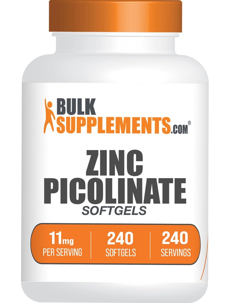 BulkSupplements.com Zinc Picolinat Softgels - Zinc 11mg, pentru Suport Immun, Gluten Free - 1 Softgel per Serving, 240 Conte (Pachet de 1)