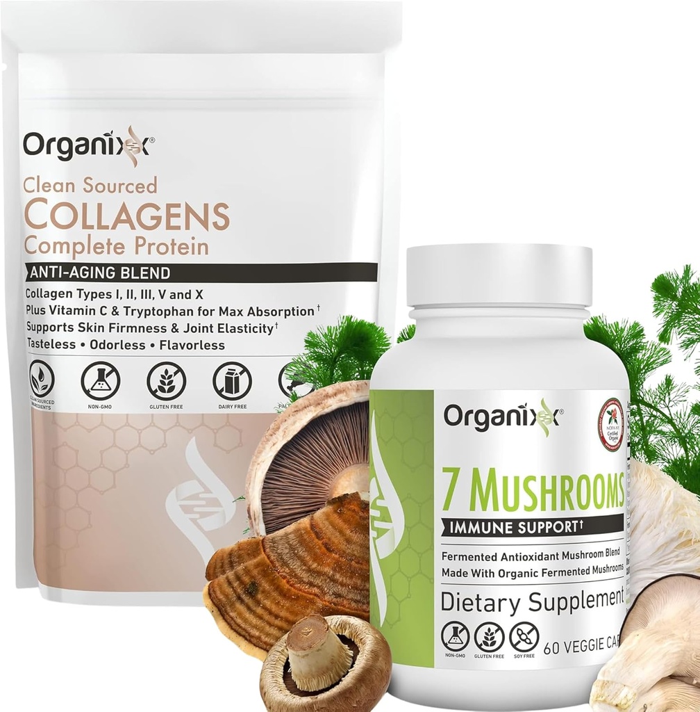 Organixx Clean Source Colagen Powder, 20 Servings & Organic Mushroom Supplement (60 Vegetarian Capsule)