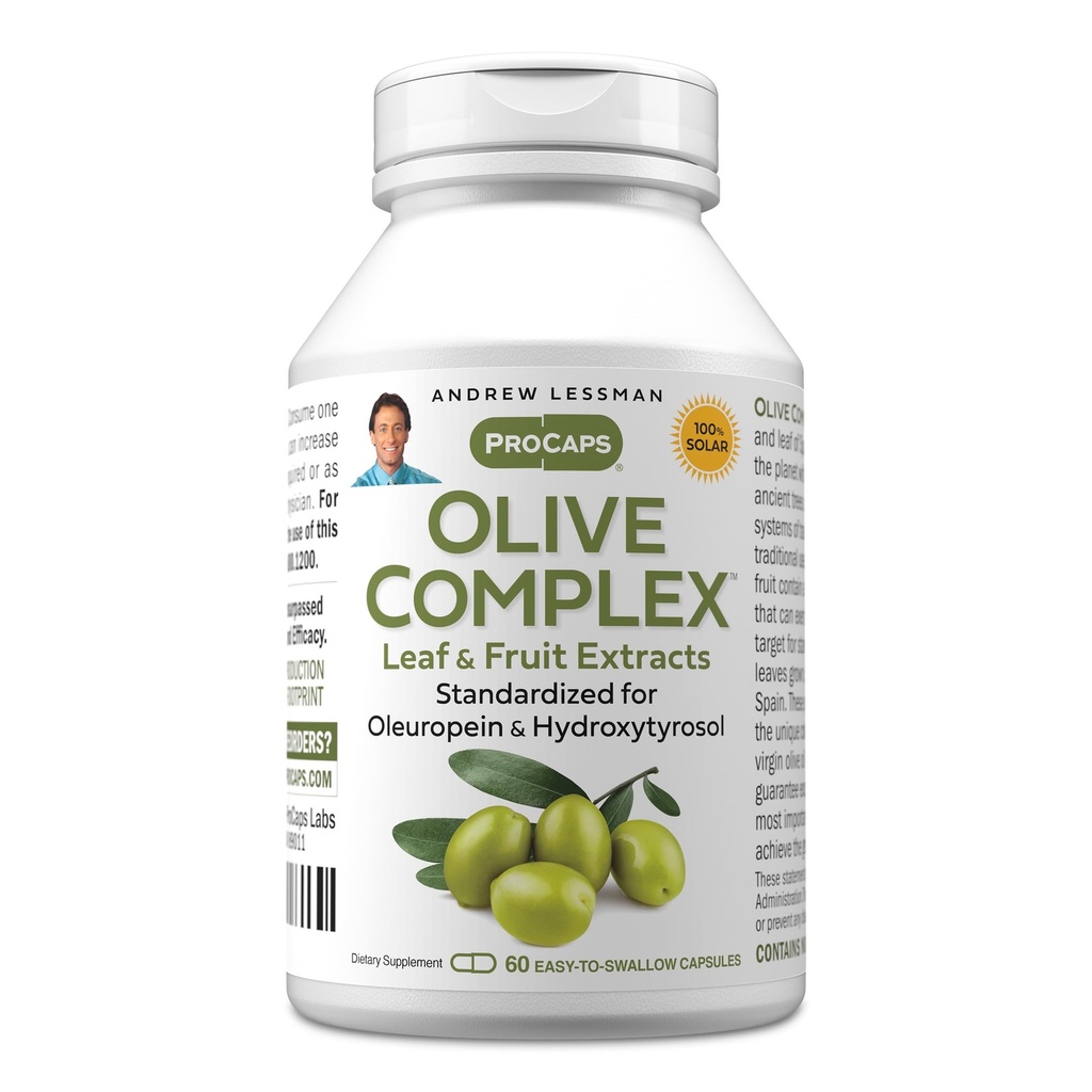 Complexul Olive ANDREW LESSMAN - 60 capsule - extracte de frunze şi fructe. Standardizat pentru Oleuropeina și Hidroxitirosol pentru a sprijini cardiovasculare și Imun sănătate. Capsule mici uşor de înghiţit