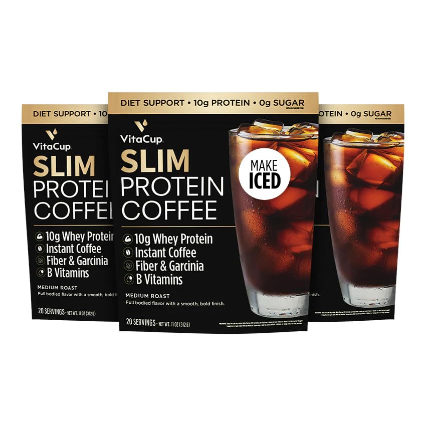 VitaCup Slim Proteine de cafea Shake pentru suport dieta, cafea instant w/Whey praf de proteine, B vitamine si fibre, Dietetic dezvoltat pentru performanta si gust, face ca Iced sau Shake, 3 pungi