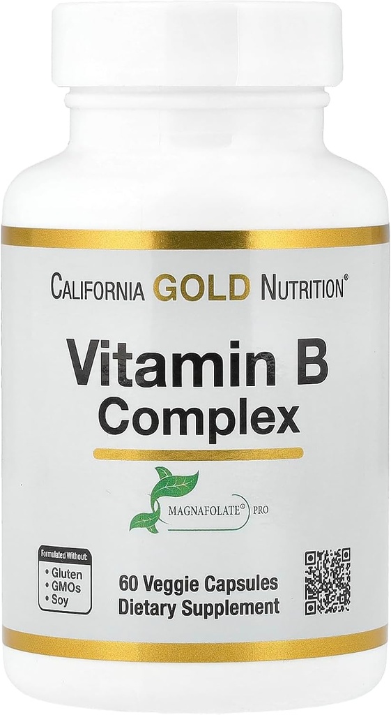 California Gold Nutrition Vitamin B Complex, Tiamin B1, Riboflavin B2, Niacin B3, Pyridoxine B6, Biotin B7, Acid pantotenic B5 şi Pro Folate B9, Gluten Free, Non OMG, 60 Capsule vegetale
