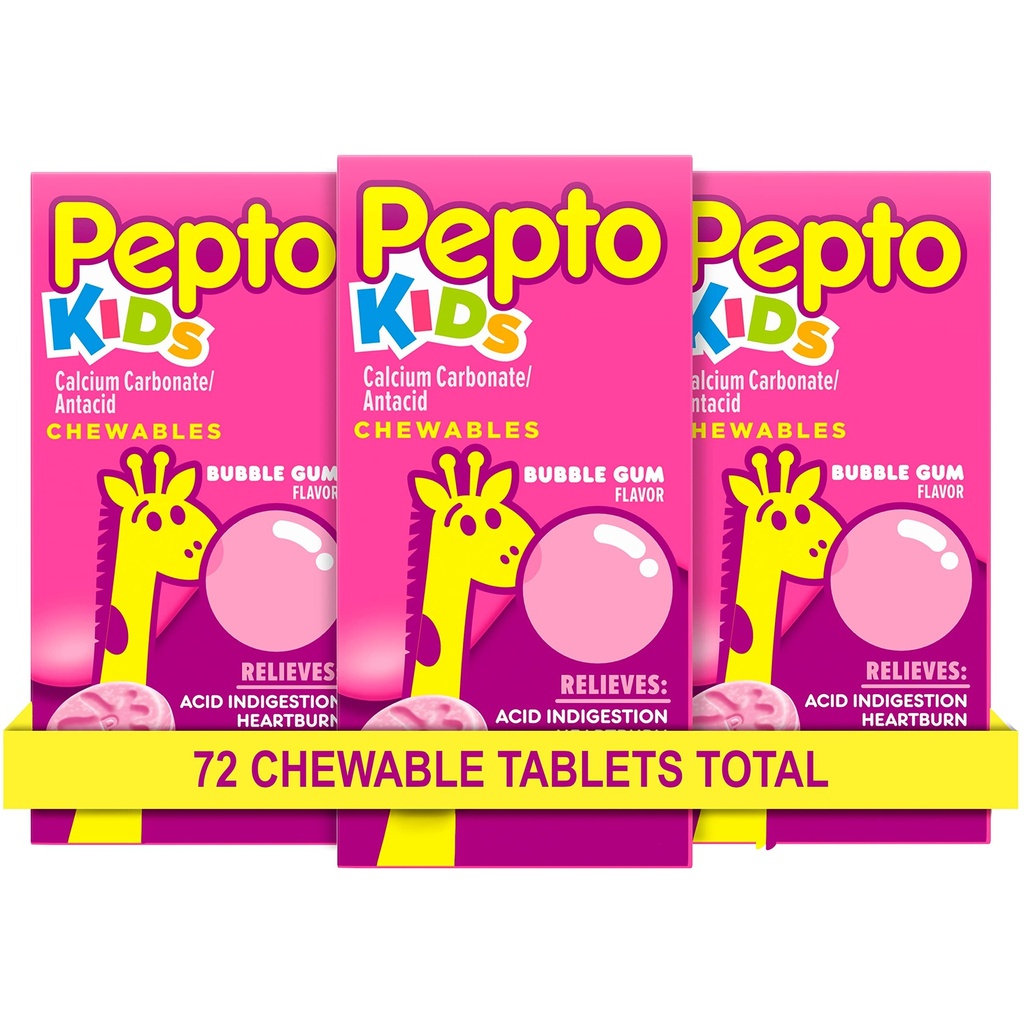 Comprimatele masticabile Pepto Kid pentru arsuri în capul pieptului, indigestie acidă, stomac acru şi stomac supărat, aromă de bubblegum, 72 Total (3 cutii de 24)