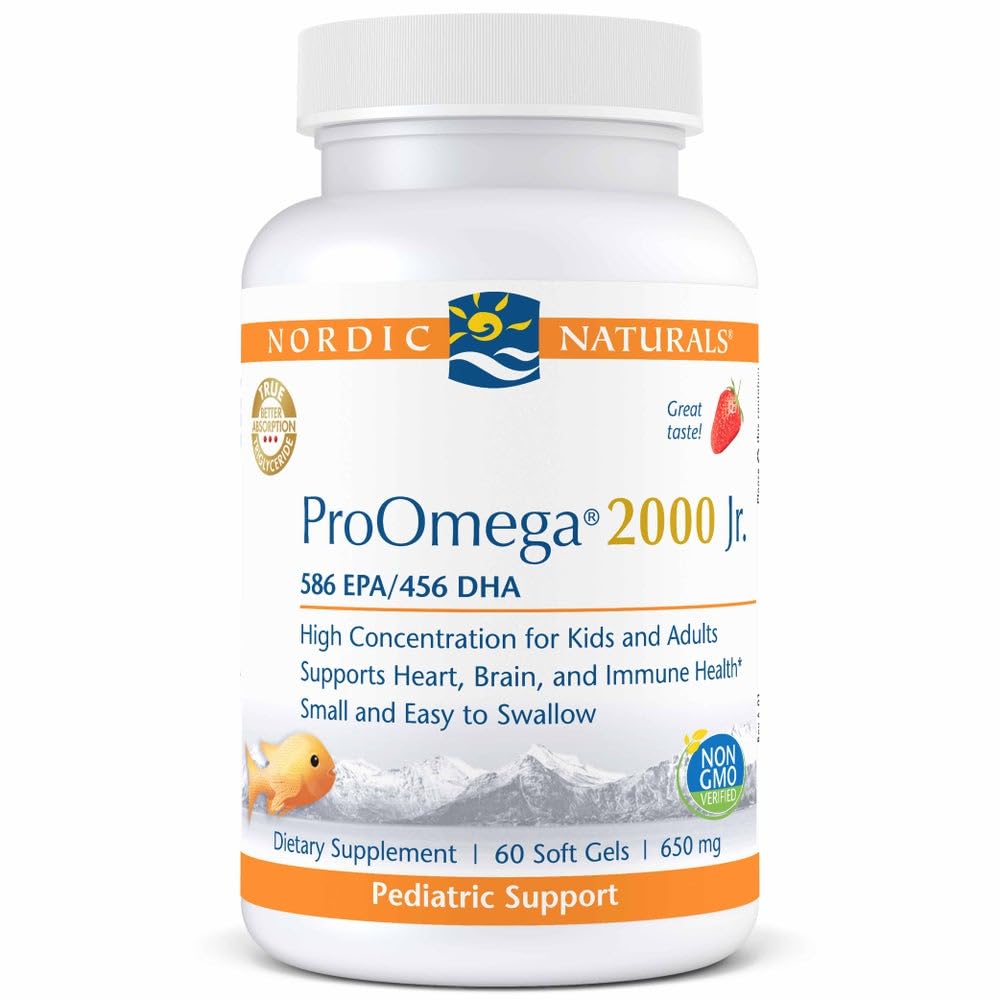 Nordic Naturals ProOmega 2000 Jr., Strawberry Flavor - 60 Soft Gels - 1120 mg Omega-3 - Ultra Potent Fish Oil - EPA & DHA - Promovează creierul, inima, și sănătatea imună - Non-GMO - 30 Servings