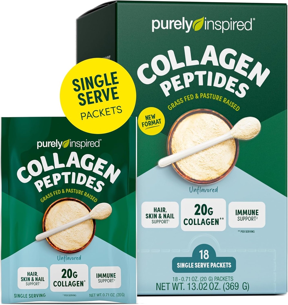 Pur Inspirat Colagen pulbere, 18 Pachete de unică servire, nearomatizate - 20g Colagen Peptide Pulbere de proteine pentru femei și bărbați - Grass-Fed & Pasture Crescut - Gluten-Free, Paleo & Keto-Friendly