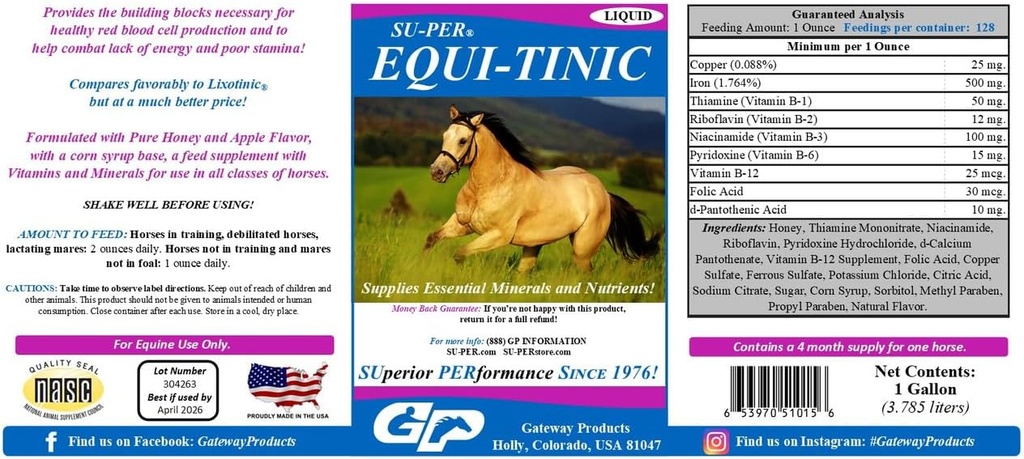 SU-PER ECHI-Tinic Horse Minerale Supliment - Minerale esentiale si nutrienti pentru celulele sanatoase de sange si energie - 1 galon
