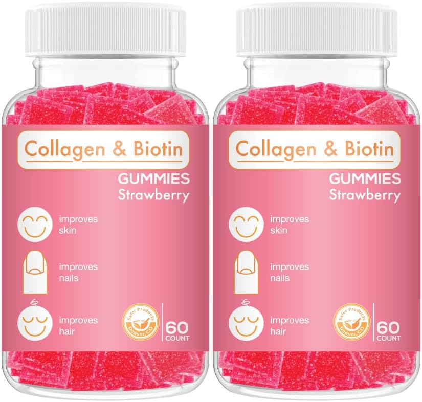 Gume de colagen Biotin - Suporturi parul, piele & unghii cresterea parului Anti imbatranire Care Gummy vitamine masticabile, Vegan, Non-GMO, Gluten gratuit, Gelatină Flavor capsuni 120 Conte, roz