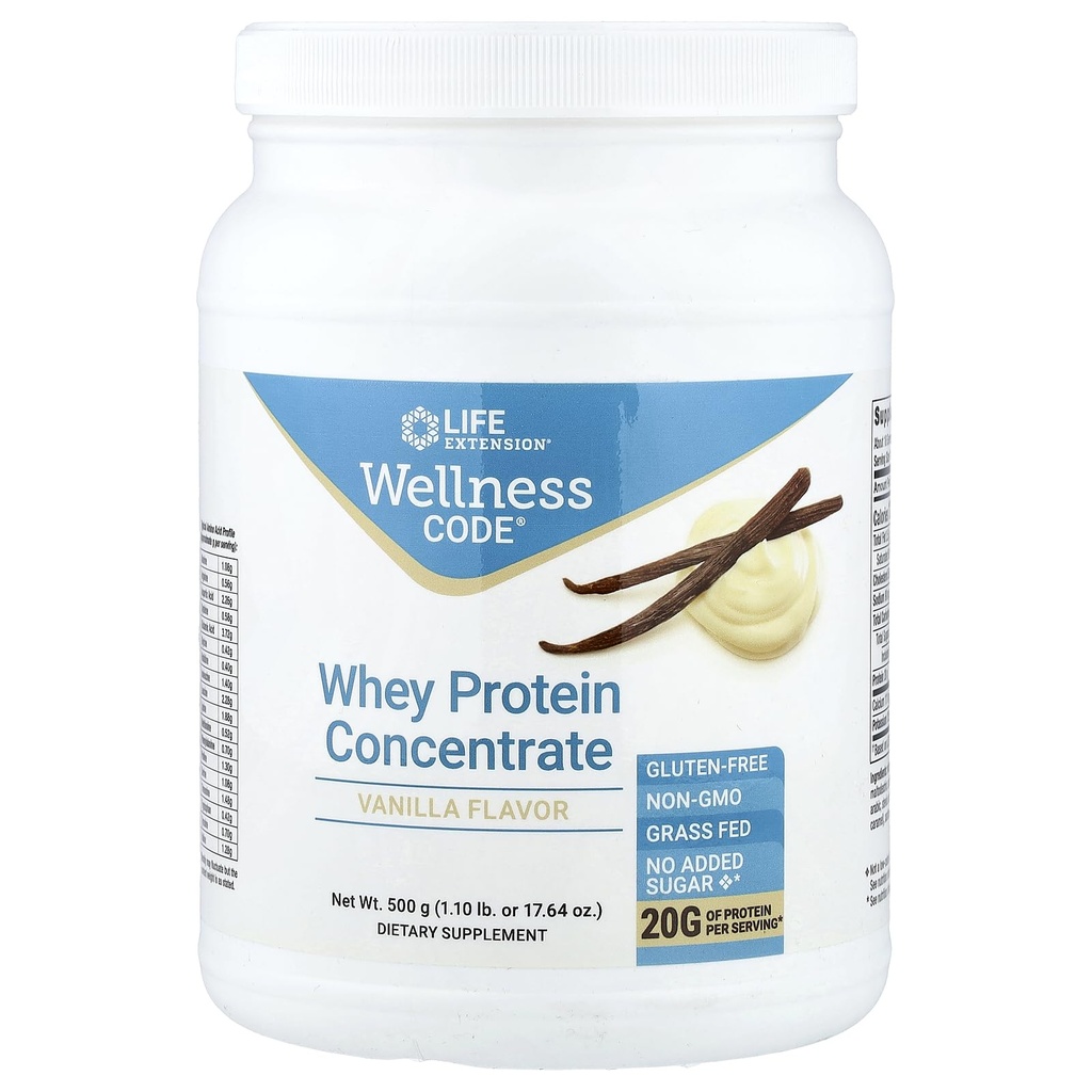 Life Extensie Wellness Code Whey Proteine Concentrat 20g crestere musculara si sanatate imuna - Sursa de Grass-Fed, Free-Range, Hormone-Free Vaci, non-GMO, Nu Adăugat zahăr, Vanilie-500g
