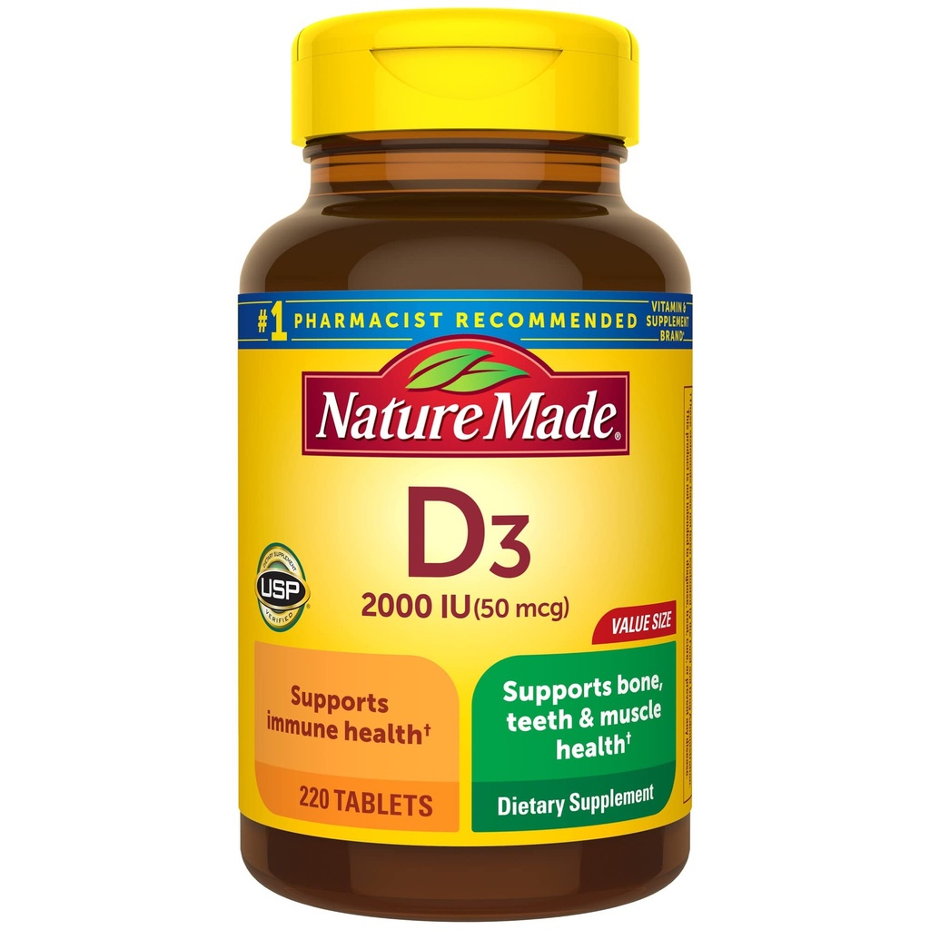 Natural Made Vitamina D3 2000 UI (50 mcg), Vitamina D Supliment pentru Bone, Dinţi, Musculare şi Imune Health Support, 220 comprimate, 220 zile de aprovizionare