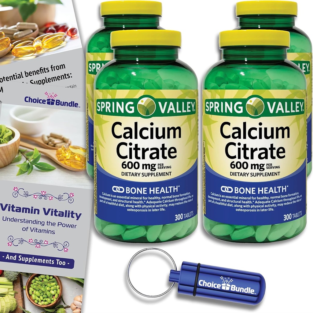 Spring Valley Calciu Citrate Tablete Supliment alimentar 600 mg 300 Ct 4 pk Alegerea Bundle (1200 Total) + Vitamina Ghid & Pill Container (6 elemente)!