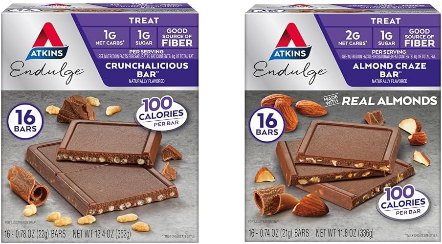 Atkins Endulge Trata Baruri, Crunhalicious & Almond Craze Arome, 1-2g Net Carbs, 1g Zahăr, Good Fiber Source, Keto Friendly, 16 Conte