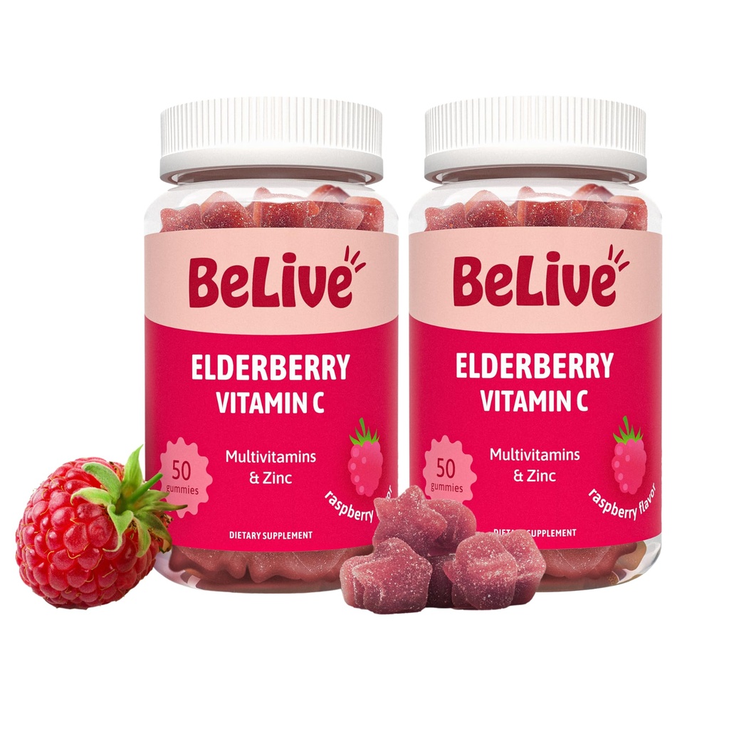 BeLive Elderberry Gummies cu zinc și vitamina C - Supplement de sprijin imun cu vitamina D, A, E, B12 - Gume pentru oase sănătoase și dinți, Vegan, Keto și non-GMO - aroma de zmeură