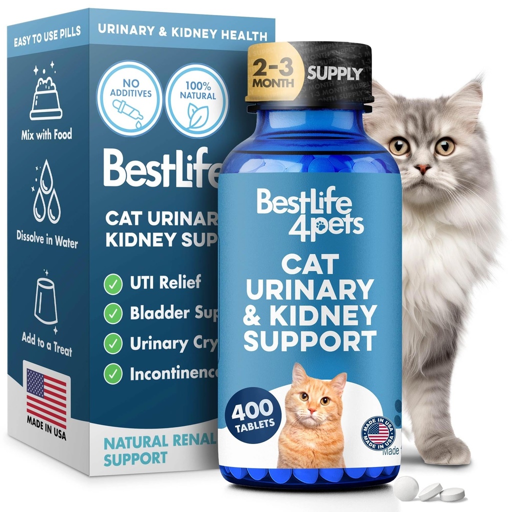 Cat UTI Remedy & Rinichi Suport pentru pisici, Infectie Naturala a Tractului urinar si Crystals Cat Bladder Tratamentul ajuta la eliminarea pietrelor renale, curata infectia, & imbunatateste sanatatea rinichilor, 400 pastile mici