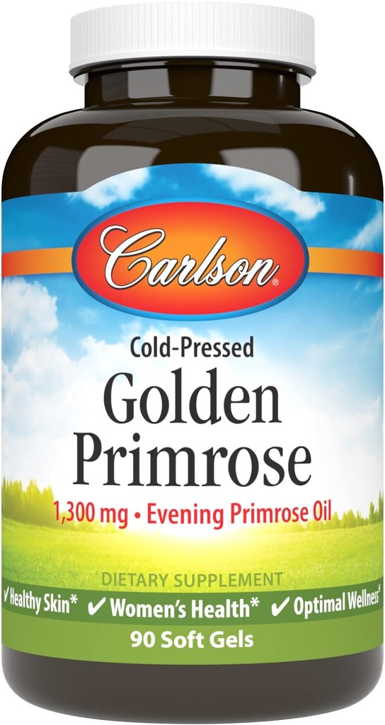 Carlson - Golden Primrose, 1300 mg Evening Primrose Oil, Rece-Pressed, Sanatoasa Piele, Sanatatea Femeilor & Optimal Wellness, 90 Softgels