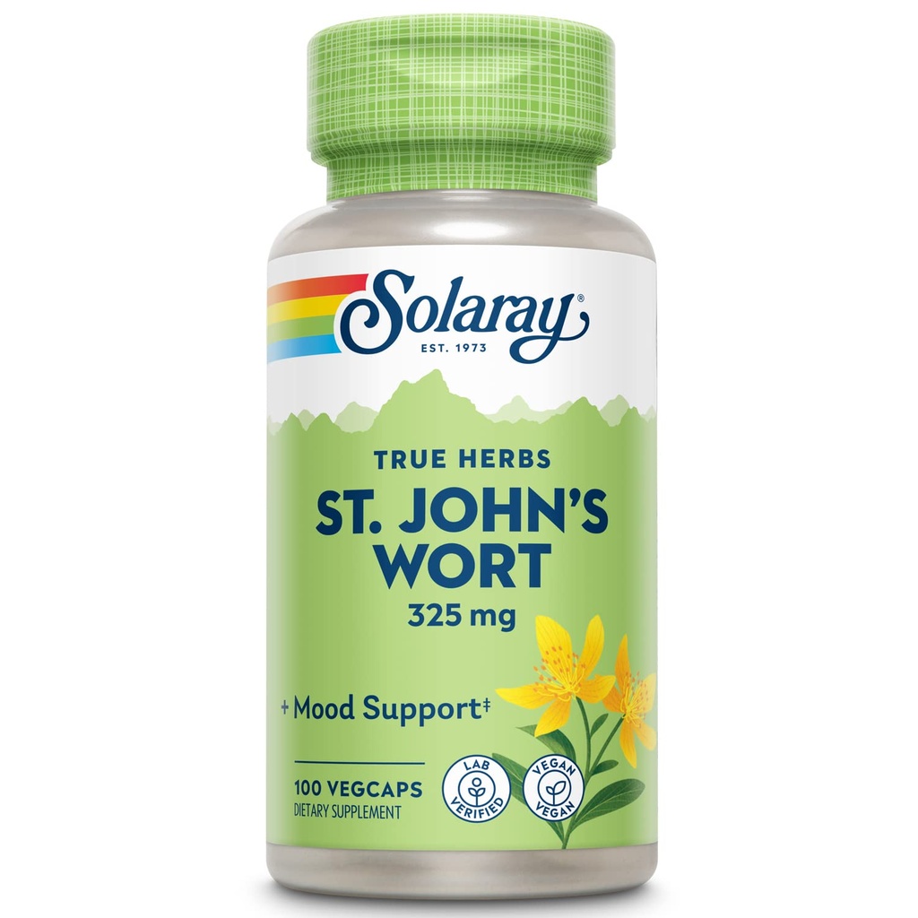 SOLARAY St Johns Wort 325 mg Whole Aerial - Health and Mood Supplement - 60-Day Money Back Guarantee - Non-GMO, Vegan, Lab Verified (100 CT)