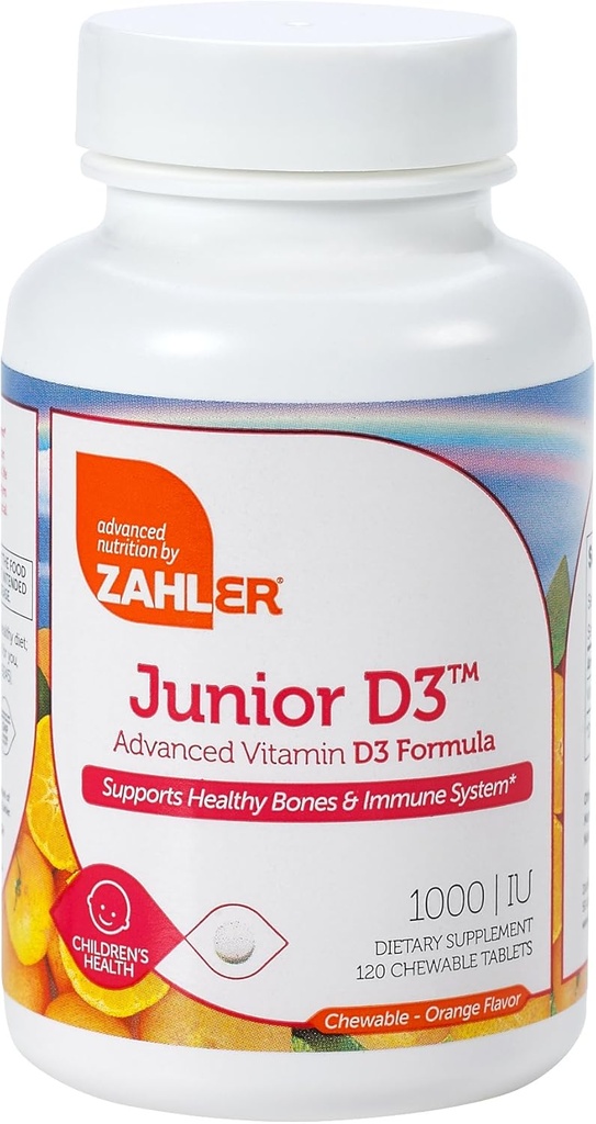 Zahler Junior D3 Chemable 1000UI, Kids Vitamina D, Great Tasting Vitamina D pentru copii, Optimal Vitamina D3 1000 UI pentru copii, Cerified Kosher, 240 comprimate masticabile
