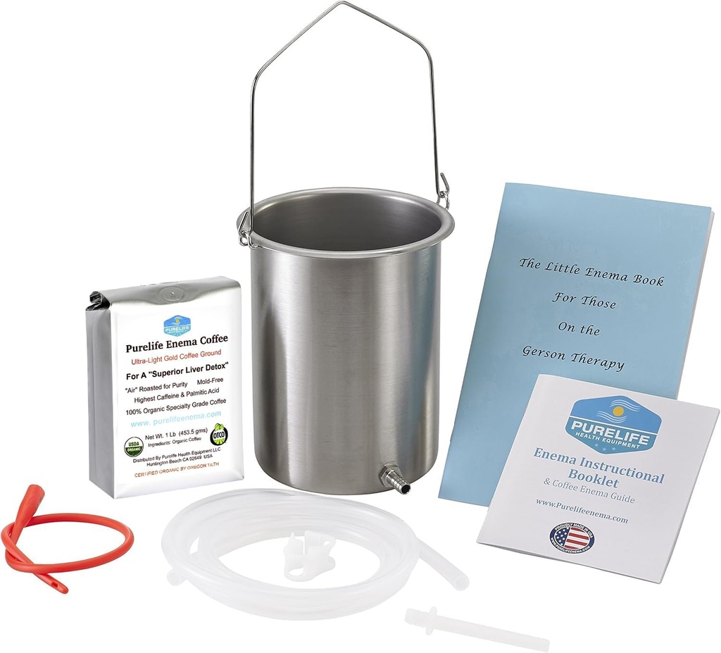 Purelife Detox Coffee Enema Kit - Made in USA - 2 Qt / Superior Non Toxic Made in USA Quality / 1 lb Purelife Ultra Light Gold Enema Coffee - Lab testat cu nici micotoxine- Silicon Tubing