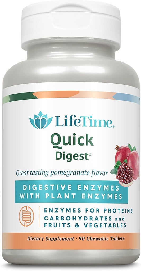 LIFETIME Quick Digest Digestive Enzymes - Plant Enzymes for Proteins, Carbohydrates, Fruits and Vegetables - Digestive Health Support - Pomegranate Flavor - 90 Servings, 90 Chewable Tablets