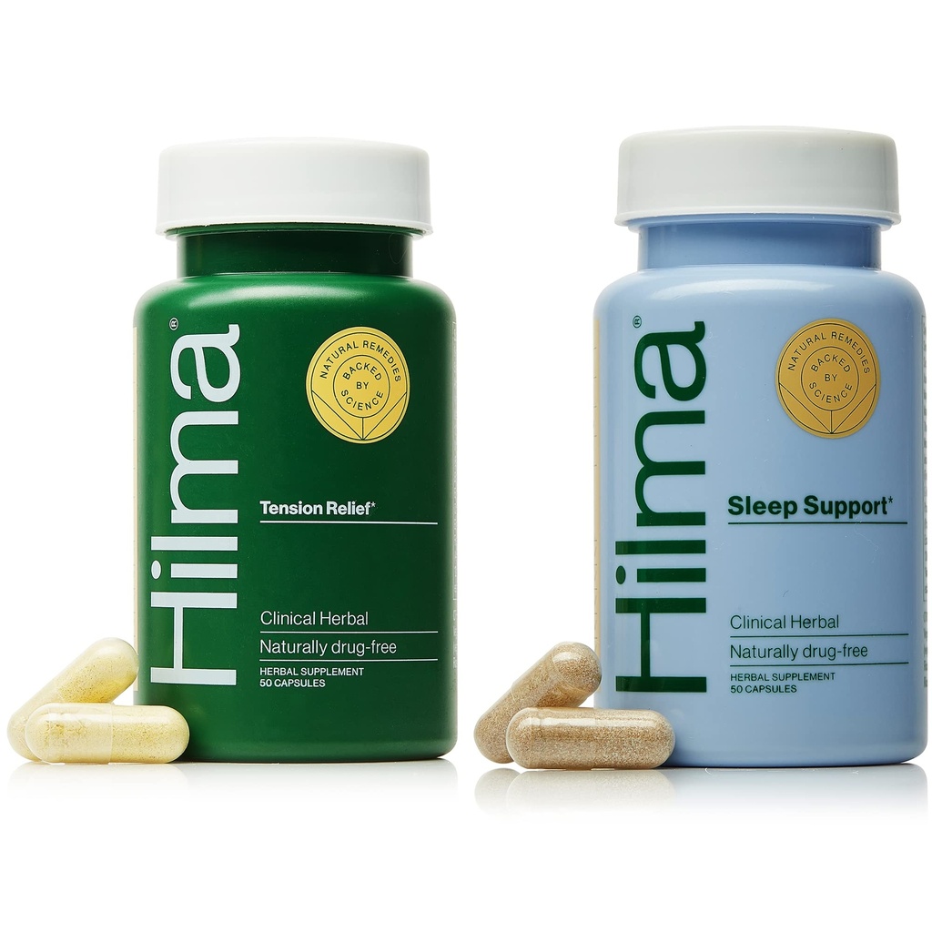 Hilma Natural Tensiune Durere de cap Relief + Supliment de suport pentru somn, 50 Capsule Vegane în fiecare flacon
