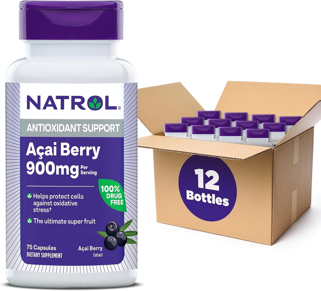 Natrol Acai Berry, Supliment alimentar, Antioxidant de protecție și apărare, Ultimate Super Fruit, 900 mg Veggie Capsule, 75 Conte (Pachet de 12)