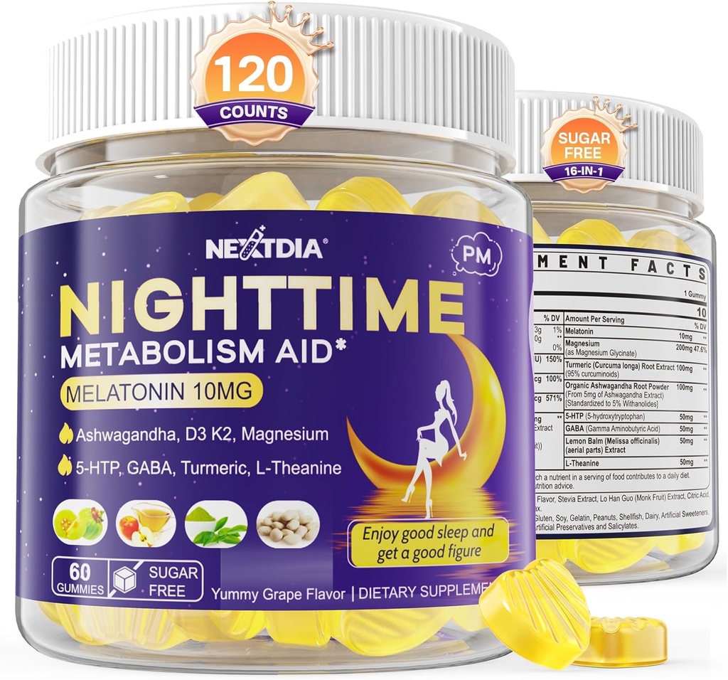 Melatonina 10mg Gummies, Meningiuri metabolice pe timp de noapte pentru adulți, Crush Excess Hoarding În timp ce vă odihniți, Promovați Zzzs sănătoase, cu magneziu, Ashwagandha, 5-HTP, GABA, 100% Drug Free,Sugar Free,2Packs