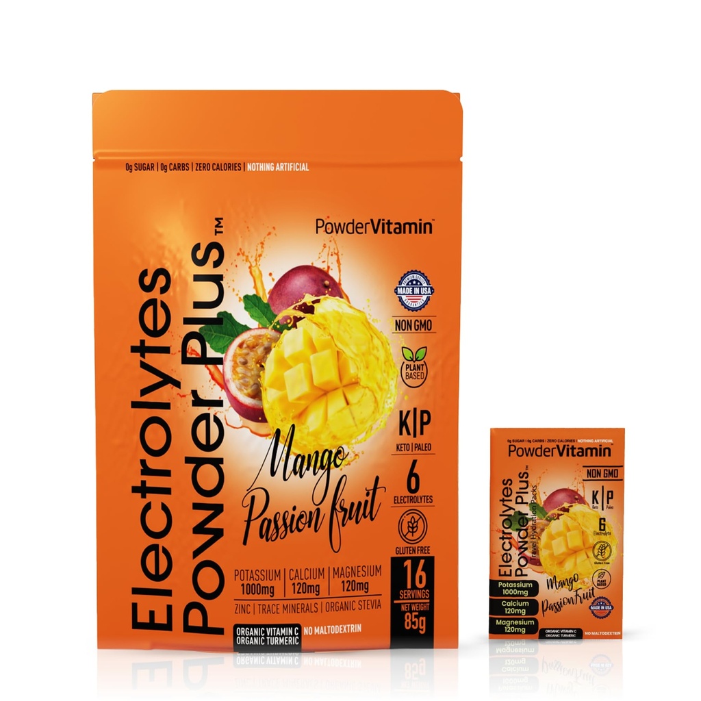 PulbereVitamina Electroliti Powder Plus, Keto, Mango Passionfruit, Sugar Free, Pink Himalayan Sare, 1000mg Potasiu, 120mg Calciu, 120mg Magneziu, Non-GMO, Zero Calorii, (16 Pachete de hidratare)