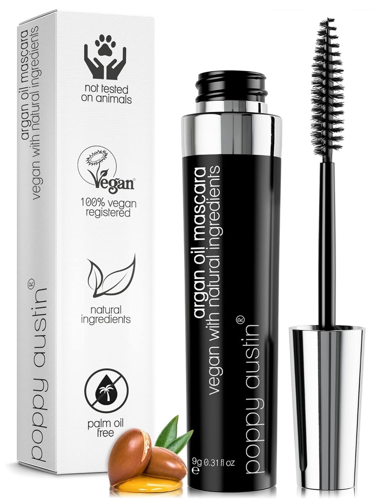 Poppy Austin Organic Mascara, Natural, Vegan, Paraben-Free, Cruzimea-Free - Hipoallergenic Mascara Lungirea & Volumizarea cu ulei de argan - 0.31 Fl Oz (Black)