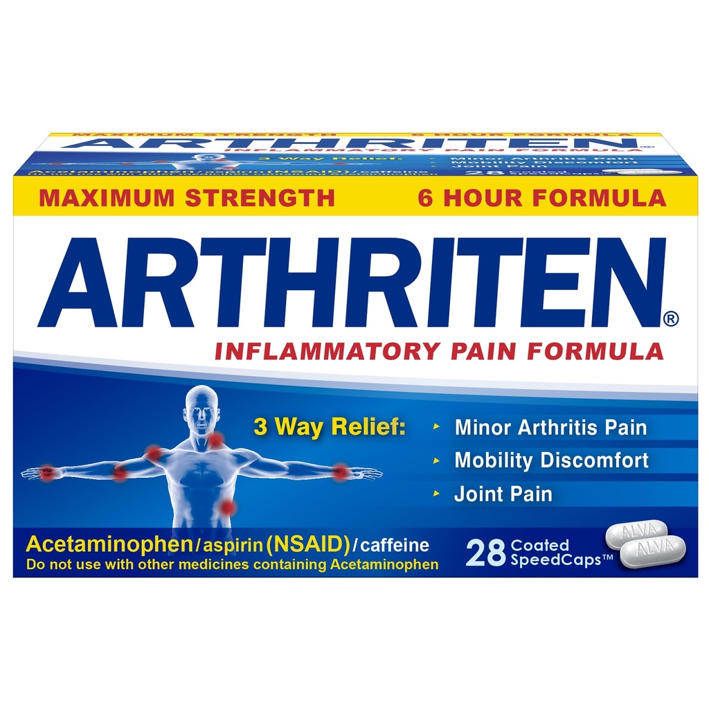 Formula de durere inflamatoare Caplete cu 3 ingrediente active: aspirina, Acetaminofen & Cafeina, Alb, 28 Conte (Pachet de 1)