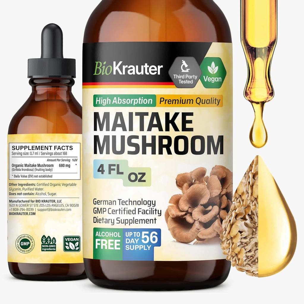 BIO KRAUTER Maitake Mushroom Extract - Maitake lichid suplimentar pentru suport imunitar - 680 mg per Serving - Vegan, alcool & zahăr Drops gratuit 4 Fl.Oz.